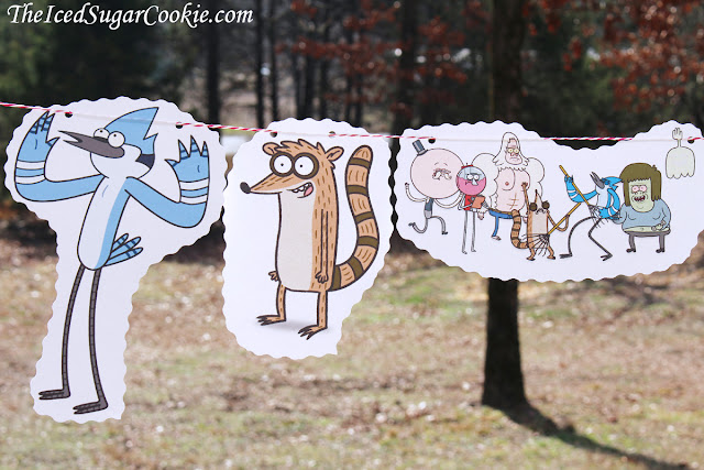 Regular Show Birthday Party DIY Flag Bunting Banner Garland Idea-Mordecai, Rigby, Pops, High Five Ghost, Skips, Muscle Man, Benson