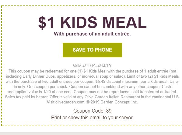 Arizona Families Olive Garden Kids Meal Deal Coupon 1 2019