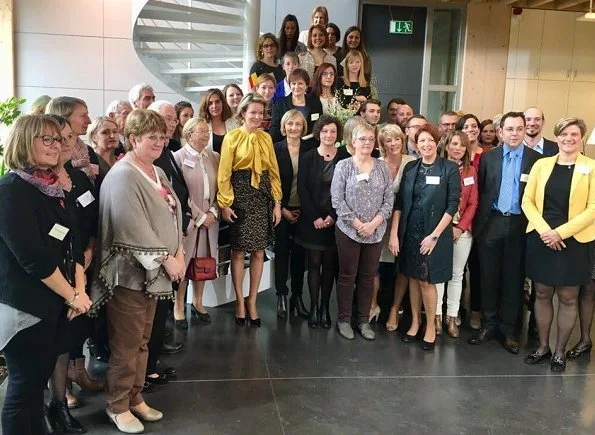 Queen Mathilde of Belgium visited ASD (Aide et soins a domicile) Home Care Center in Jambes, Namur. Natan Dress