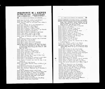 Climbing My Family Tree: 1909 Findlay City Directory, entries for both Philip and John Snyder