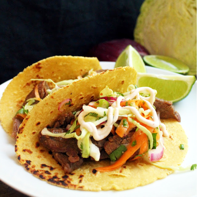 Korean Bulgogi Tacos with Kimchi Slaw and Sriracha Sour Cream Cafe