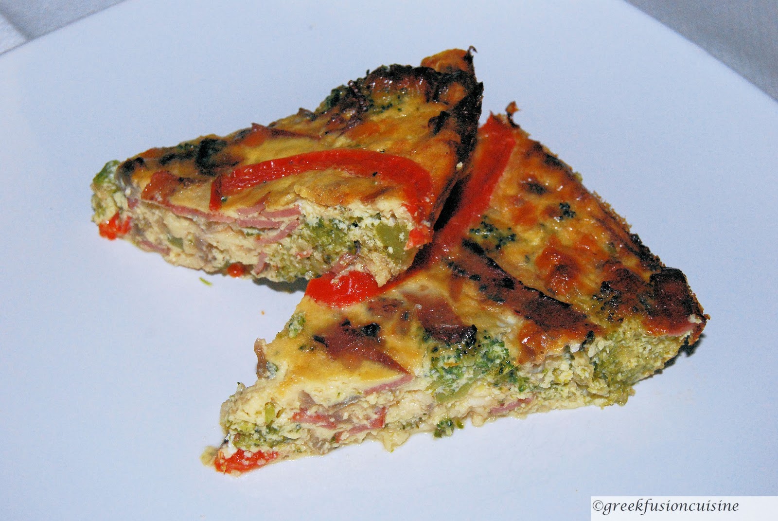 Greek Fusion Cuisine Crustless Broccoli and Turkey Bacon Quiche
