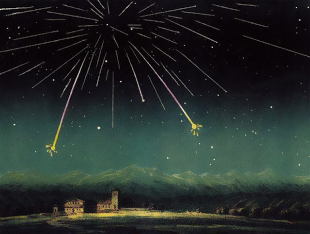 Ilustração da chuva de meteoros Andromedidas durante seu pico em 27 de novembro de 1872 por Amédée Guillemin