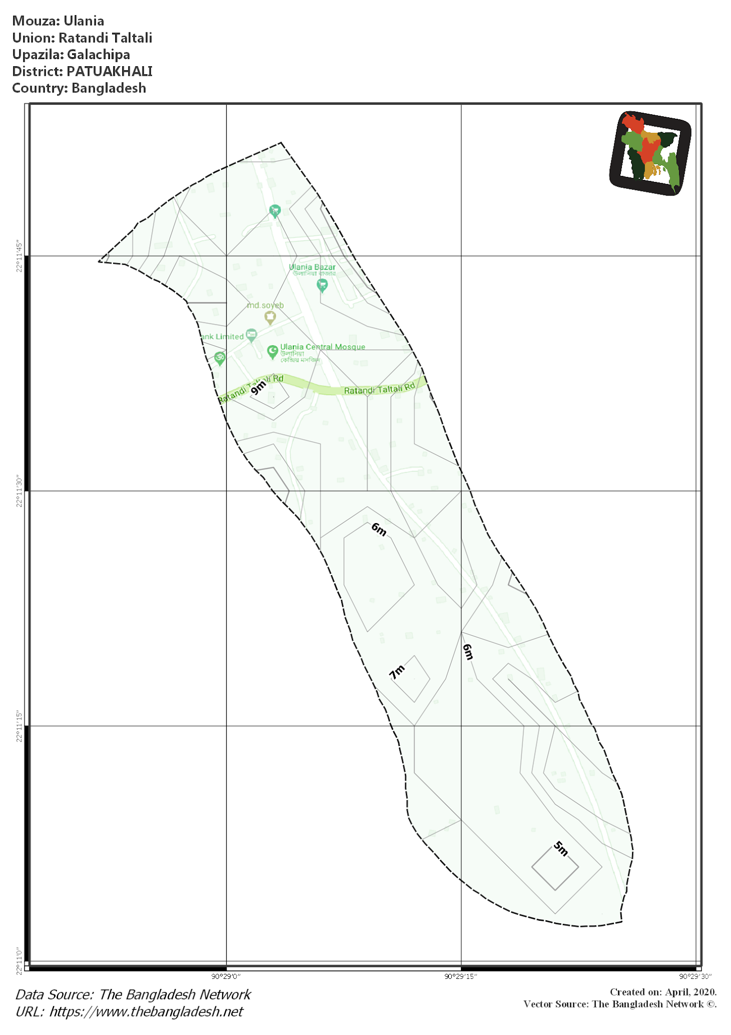 Map of Ulania Mouza of Galachipa Upazila, PATUAKHALI, Bangladesh.