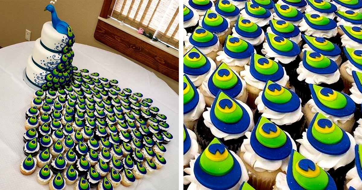 Bakers Designed An Amazing Peacock Wedding Cake Using A Trail Of Tail Feather Cupcakes