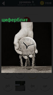 В руке человека находится циферблат часов, который показывает как время уходит в песок