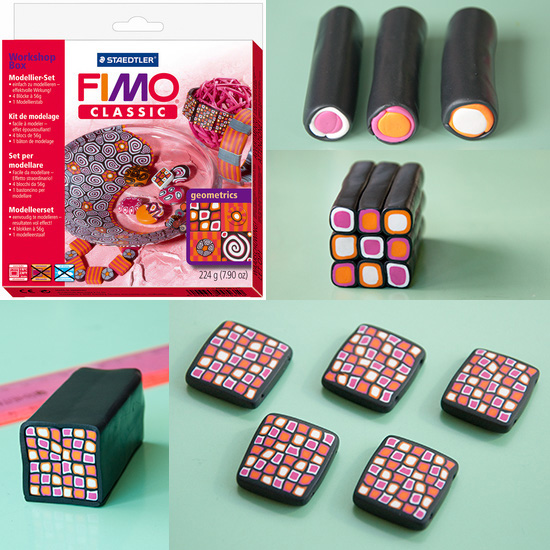 Checkered beads and a Fimo set.