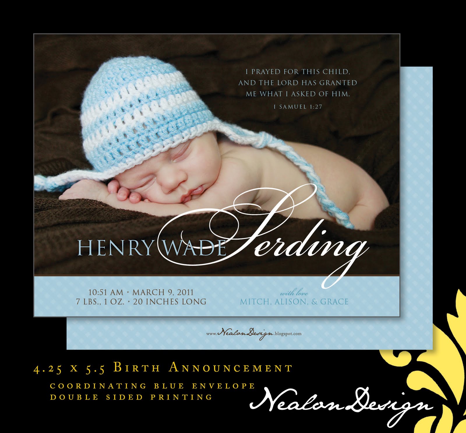 Nealon Design "HENRY" — Sophisticated Baby Boy Birth Announcement