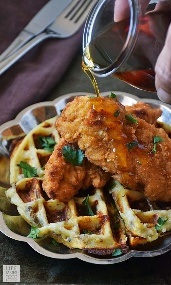 Chicken and Waffles Poutine | by Life Tastes Good | The savory chicken and cheesy potato waffles combined with the sweetness of pure maple syrup is a match made in taste bud heaven, y'all!! #LTGrecipes #SundaySupper