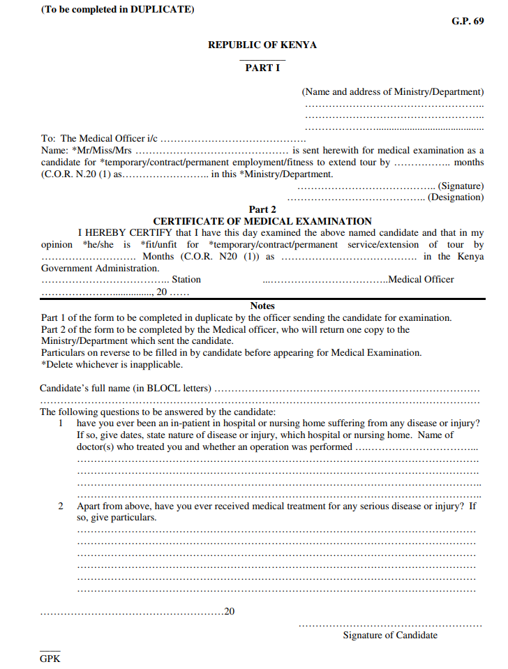 Gp 69 Form - Kenya Medical Examination