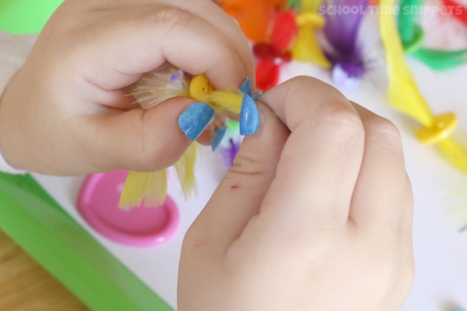 Preschool Threading with Feathers and Buttons | School Time Snippets