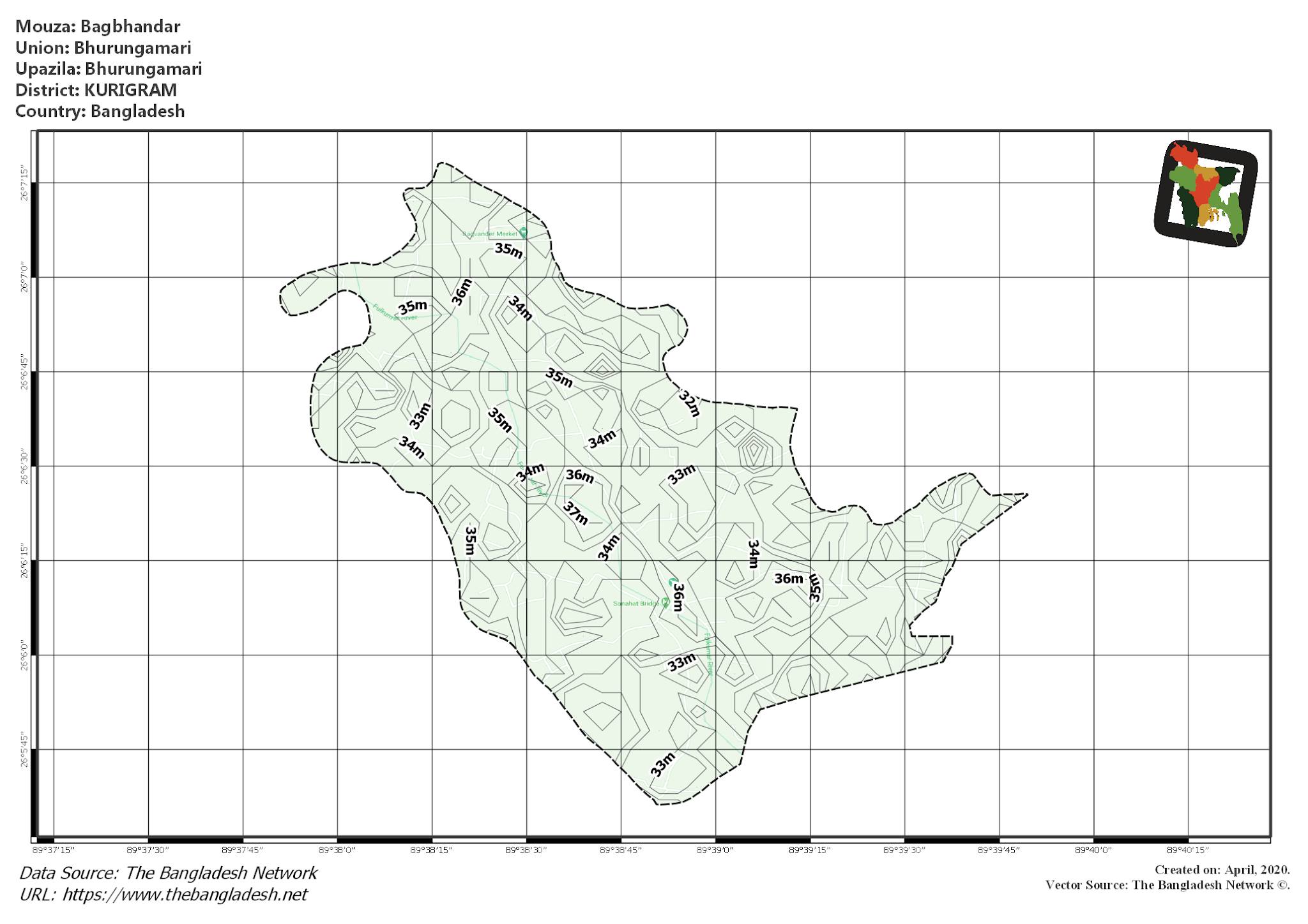 Map of Bagbhandar Mouza of Bhurungamari Upazila, KURIGRAM, Bangladesh.