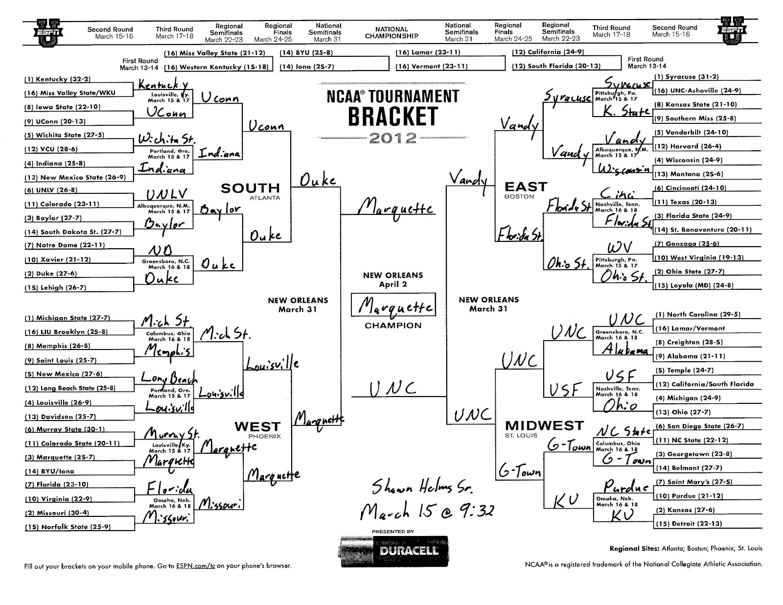 Helms Family Blog Shawn's 2012 NCAA Tournament Picks