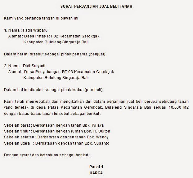 Contoh Surat Perjanjian Jual Beli Tanah Girik
