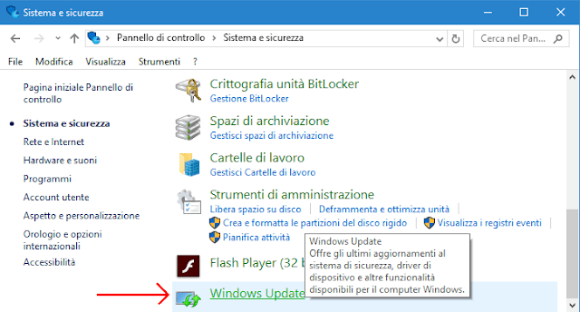 Windows Update in Pannello di controllo Windows 10