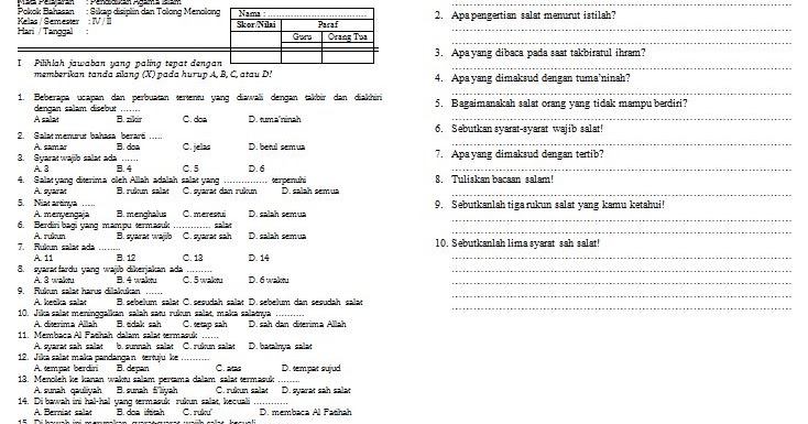Contoh Soal Ulangan Harian Pendidikan Agama Islam Kelas IV