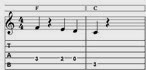 Tablatur over basløbet fra F til C akkorden