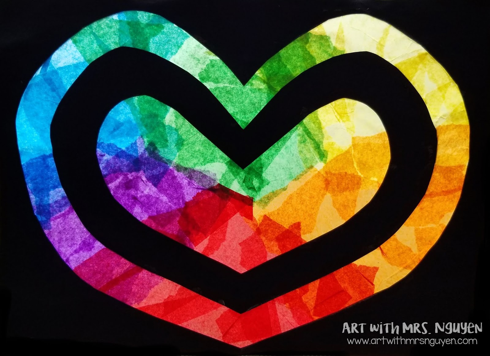 Tissue Paper 'Stained Glass' Hearts Art with Mrs. Nguyen