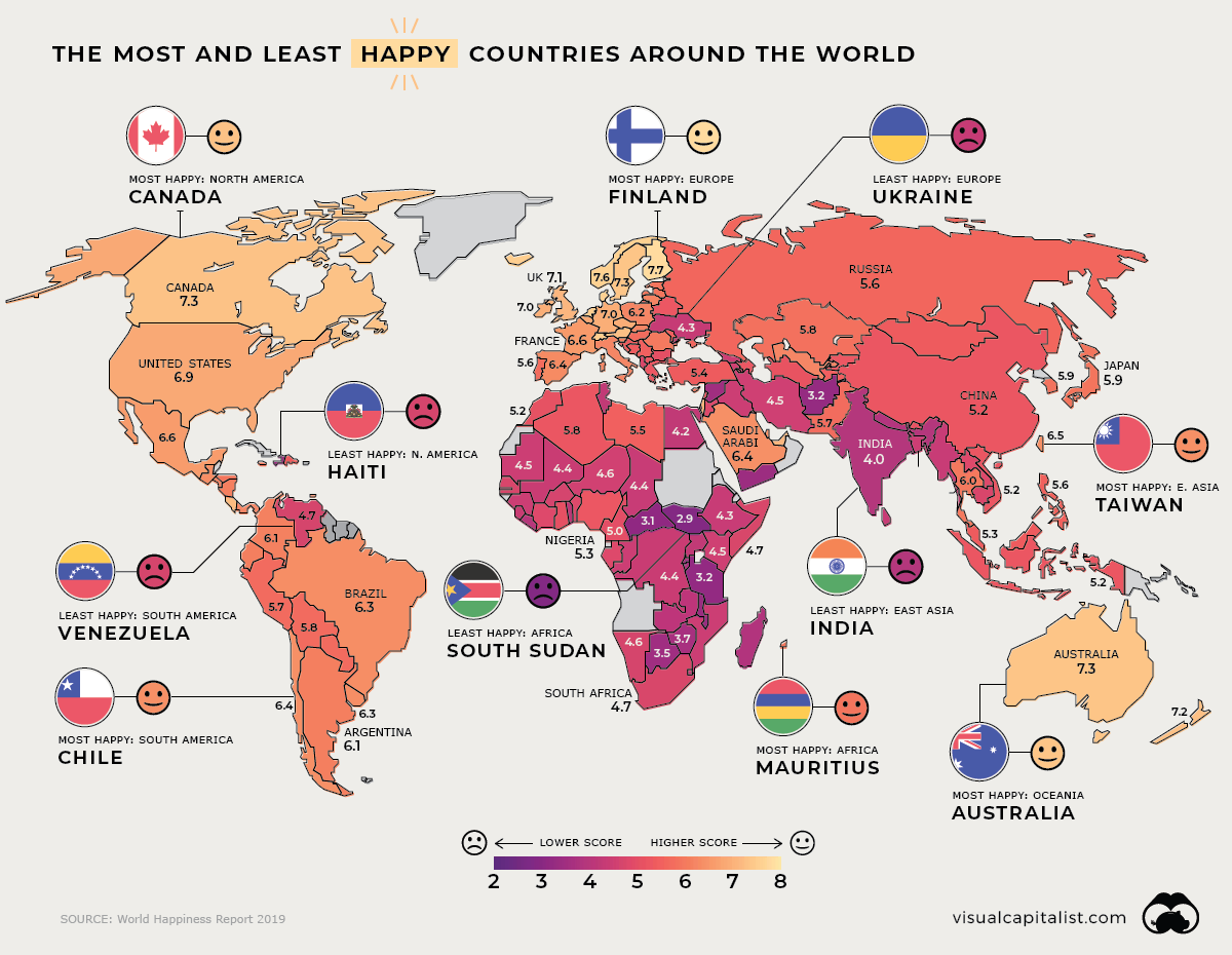 The Most And Least Happy Countries Around The World infographic
