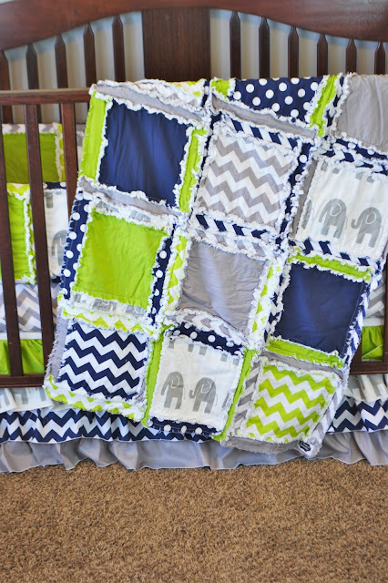 Elephant Baby Boy Crib Bedding navy blue and lime green and gray