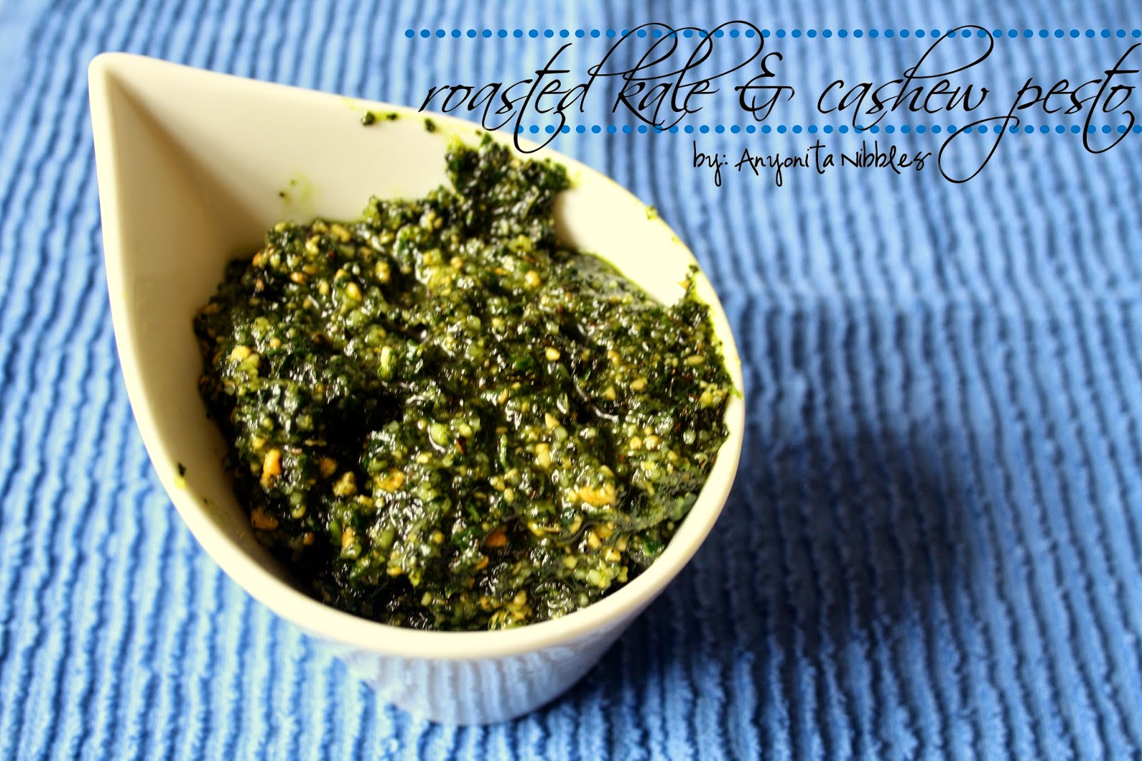 Using oven roasted kale and salted cashews, this quick pesto is made in the food processor.