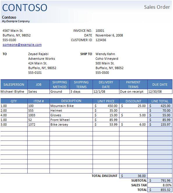 sales order form template excel