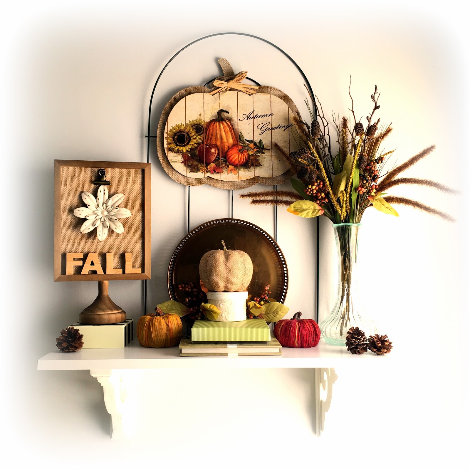 Tips, Treats & Treasures Fall Shelf Decor Fall themed display shelf