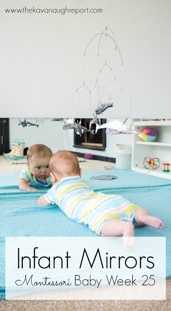 Babies love mirrors, and a long, low mirror is a staple in a Montessori baby environment. 