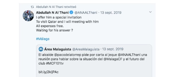 Al-Thani reaparece para hacer retuits de sus mensajes al Alcalde de Málaga