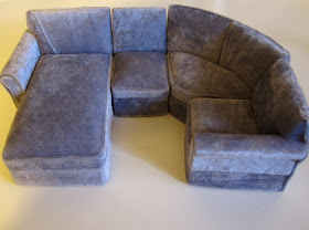 Modern dolls house miniature four piece grey velvet corner sectional sofa with chaise
