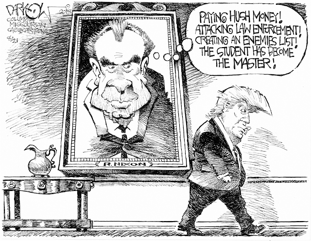 Donald Trump walks by painting of Richard Nixon.  Nixon's image is thinking, 