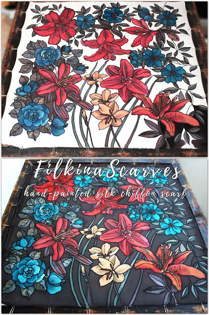 ORDER on ETSY: https://www.etsy.com/shop/FilkinaScarves //// HAND-PAINTED silk chiffon scarf in process. Silk painting diy. #FilkinaScarves #mothersdaygift #giftformom #giftforgrandmother #silkpainting #floralscarves #womensgifts #diy #womensfashion #Bespoke  silk painting, outlined in black. Floral silk chiffon scarf.
