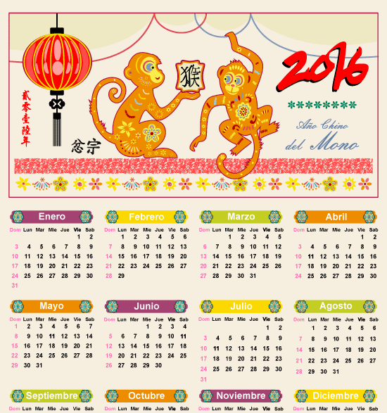 Calendario 2016 año del mono en español
