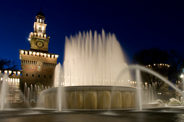 Nighttime at the Sforza Castle or Castello Sforzesco in Milan, Italy. Photo by Nick Grosoli.