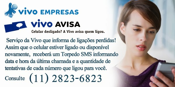Vivo Avisa é um serviço onde receberá um Torpedo SMS informando data e hora da última chamada e a quantidade de tentativas de cada número que ligou para você, mesmo que não tenha uma caixa postal.