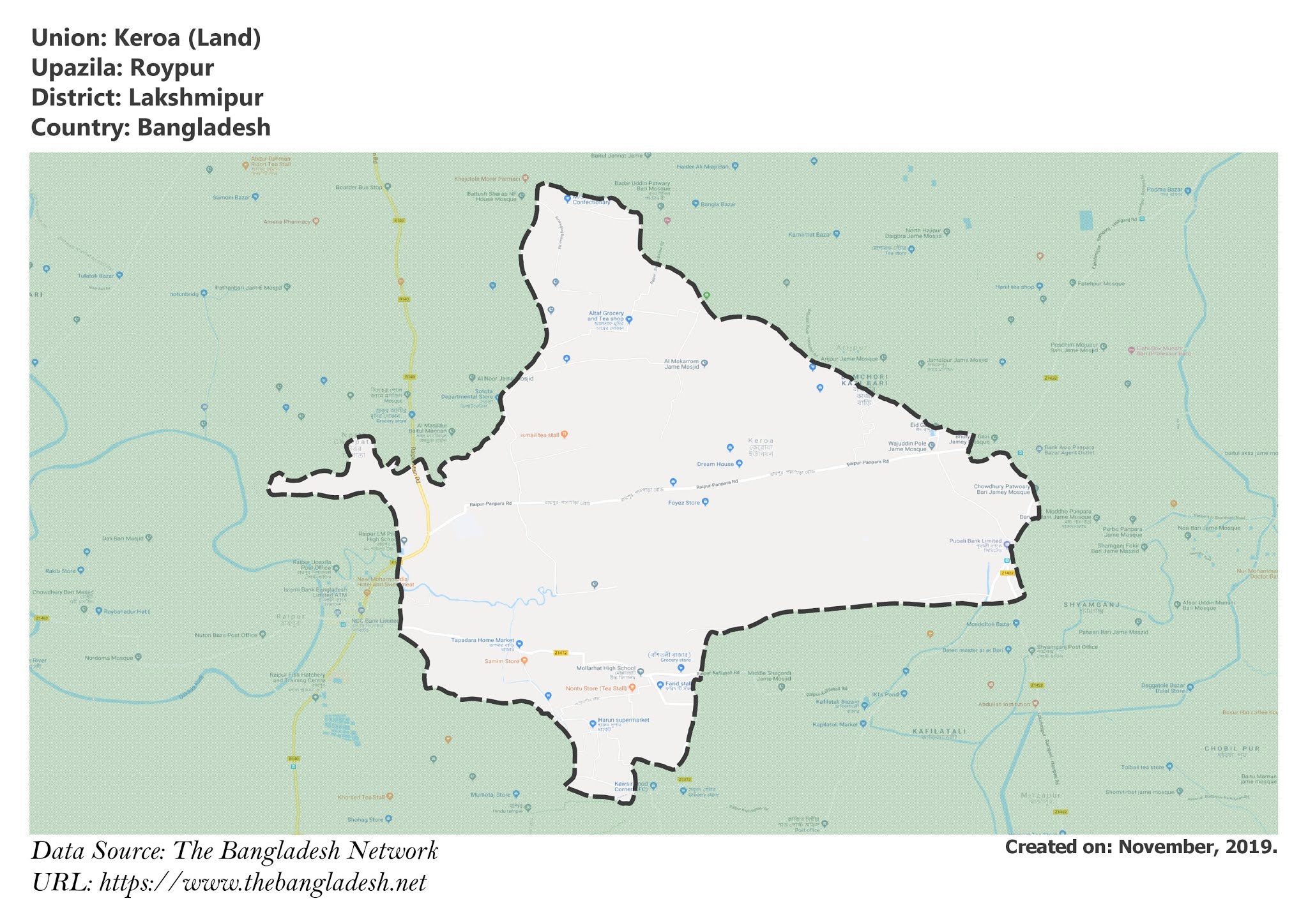Map of Keroa of Raipur Upazila Map of Keroa of Lakshmipur, Bangladesh.