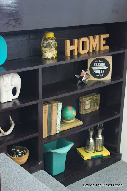 shelf, style, TJ MAXX, elephant, old books,pops of color, bookshelf, http://bec4-beyondthepicketfence.blogspot.com/2015/08/styling-difficult-to-style-shelves.html