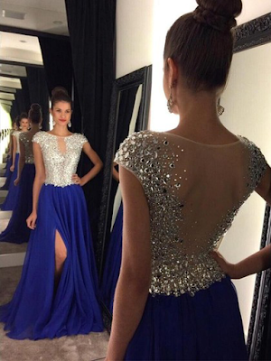 A-line Scoop Neck Royal Blue Chiffon Tulle Sweep Train Split Front Classy Prom Dress 