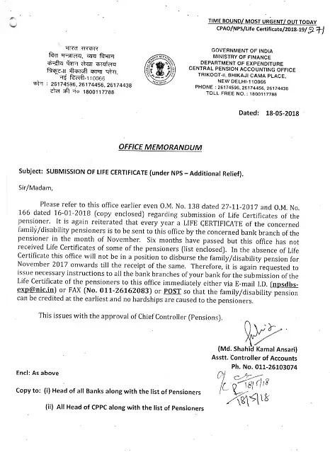 CPAO : Submission of Life Certificate under NPS – Additional Relief