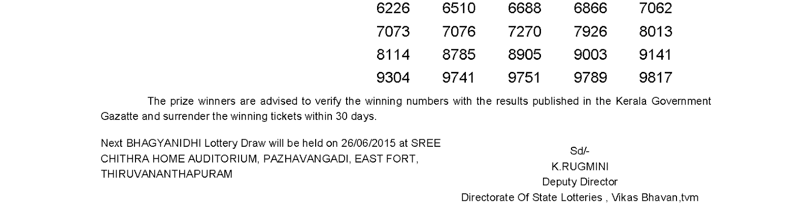BHAGYANIDHI Lottery BN 193 Result 19-6-2015