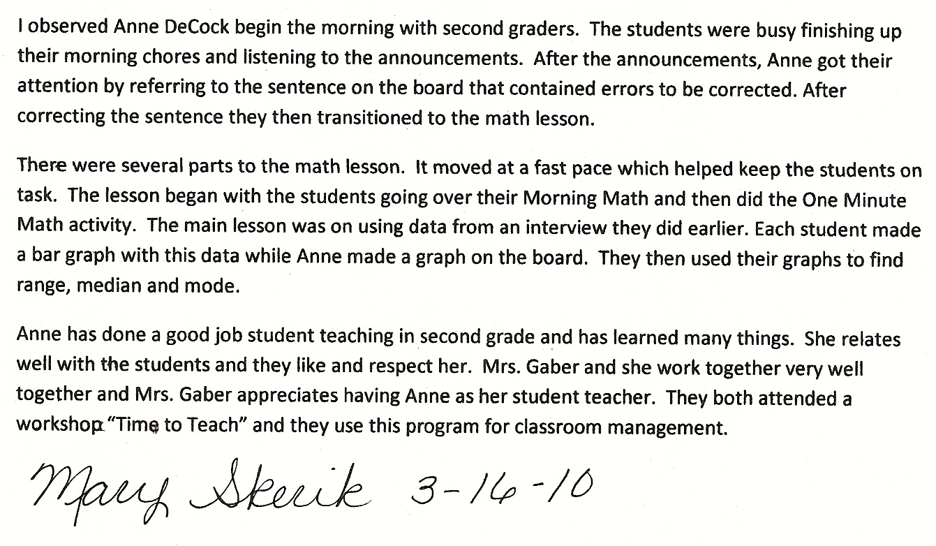 Mrs. Pedersen's Classroom Artifact 9 Student Teacher Evaluation Form