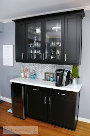 Coffee and Wine Bar done in black cabinets with chrome drawer pulls :: OrganizingMadeFun.com