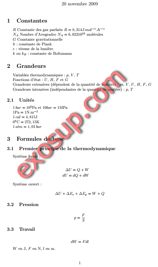 Formulaire de thermodynamique s1 et s3