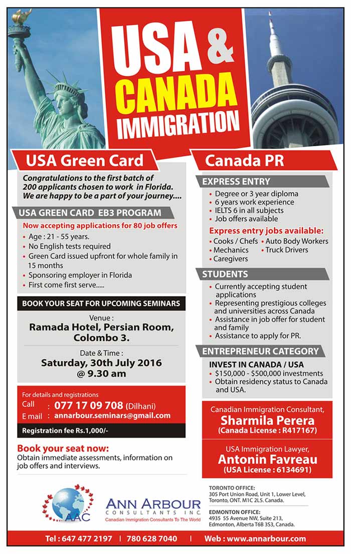 Book your seat for the upcoming immigration seminar in Ramada Hotel, Persian Room, Colombo, Sri Lanka on Saturday, July 30th at 9:30AM. Express entry level jobs for cooks, mechanics, caregivers, truck drivers and auto body workers.