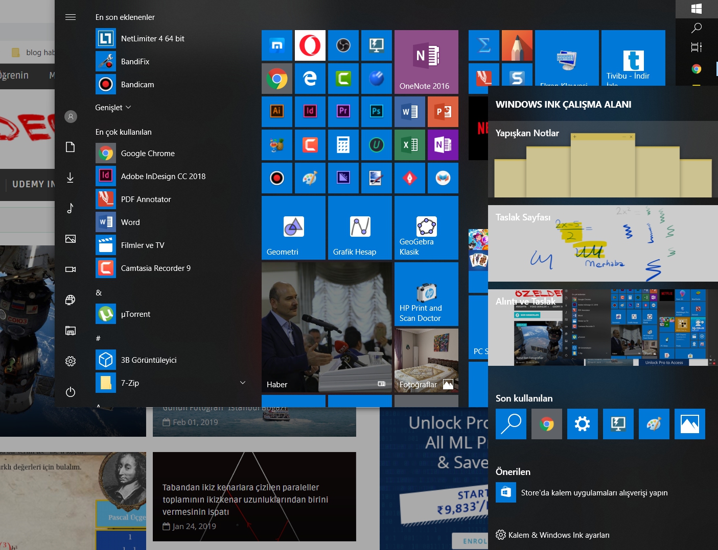 Windows ink çalışma alanı kullanımı (kısayollar, yapışkan notlar