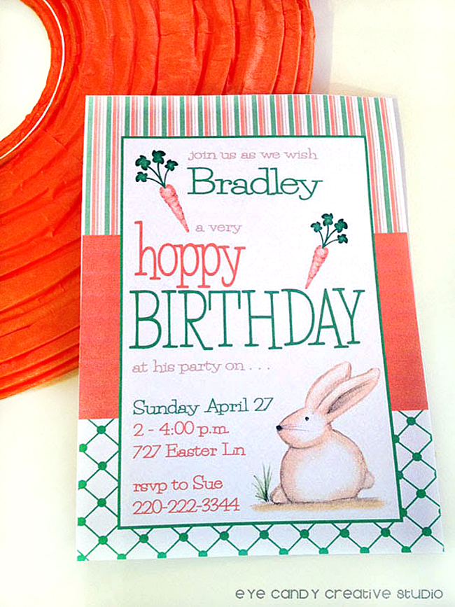 hoppy birthday invite, easter birthday invitation, bunny artwork