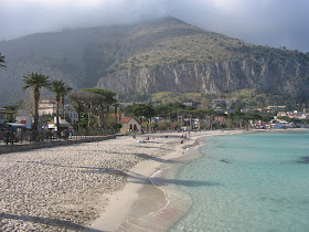The sandy beach at Mondello, the pretty resort just along the coast from Palermo