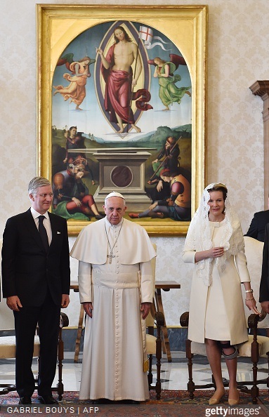 Pope Francis poses with King Philippe - Filip of Belgium and Queen Mathilde of Belgium during a private audience on March 9, 2015 at the Vatican