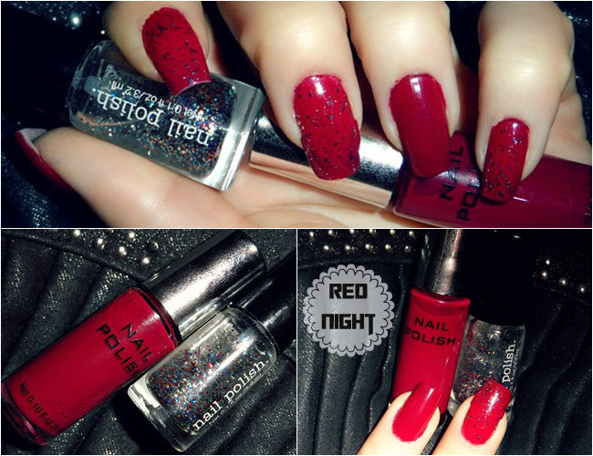 red nails with silver black glitter top coat