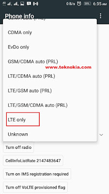 Run the application, select the second menu "Android testing" after that select telephone information and choose LTE networks Only in part set preferred network.